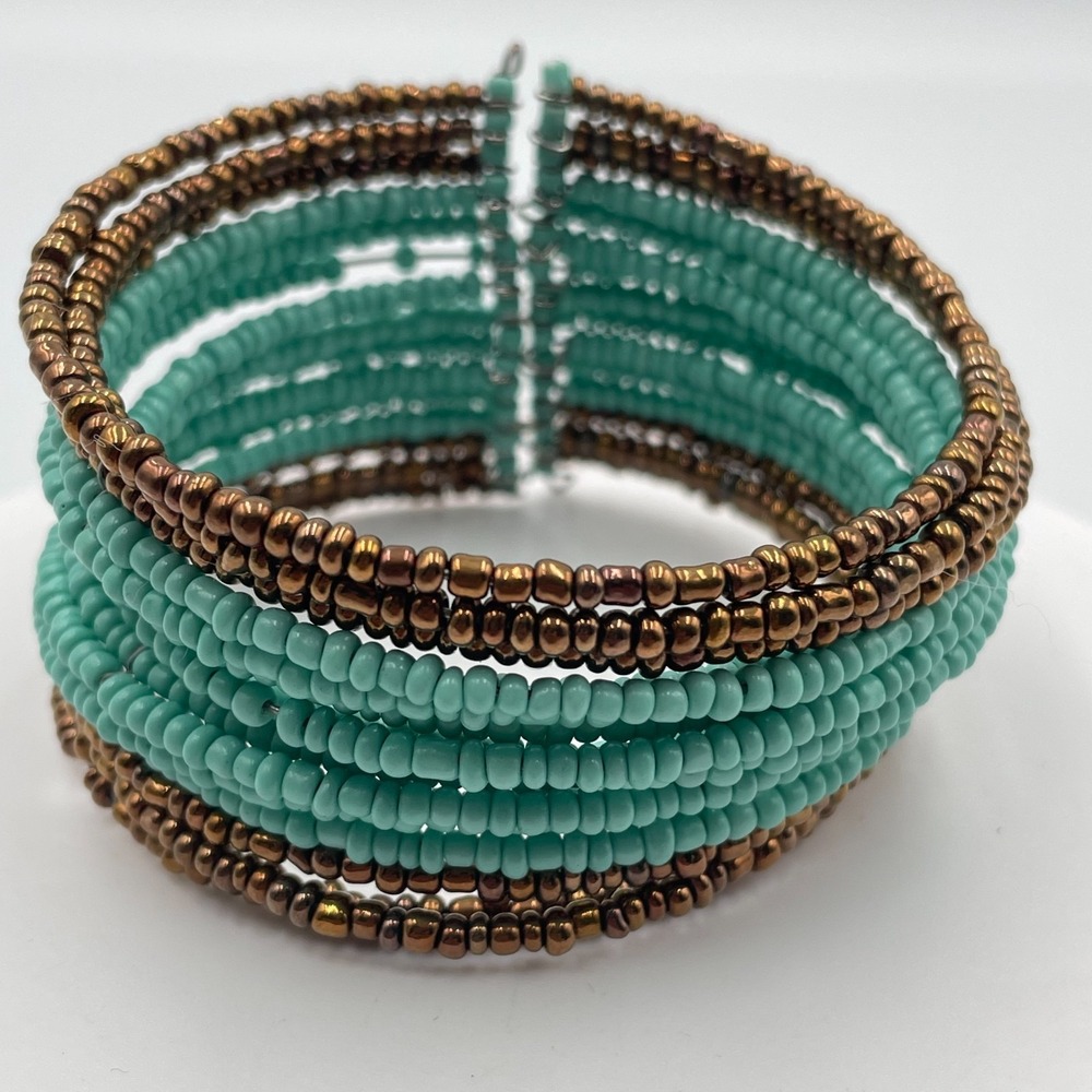 Vintage Multirow Turquoise Tone Glass Seed Bead Wire Cuff Bracelet Bronze Tone